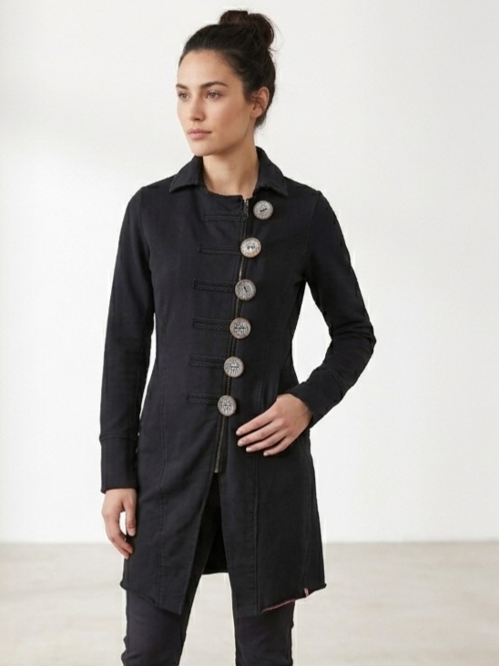neon buddha Black Long Utility Coat with Asymmetric Button Closure Size XS